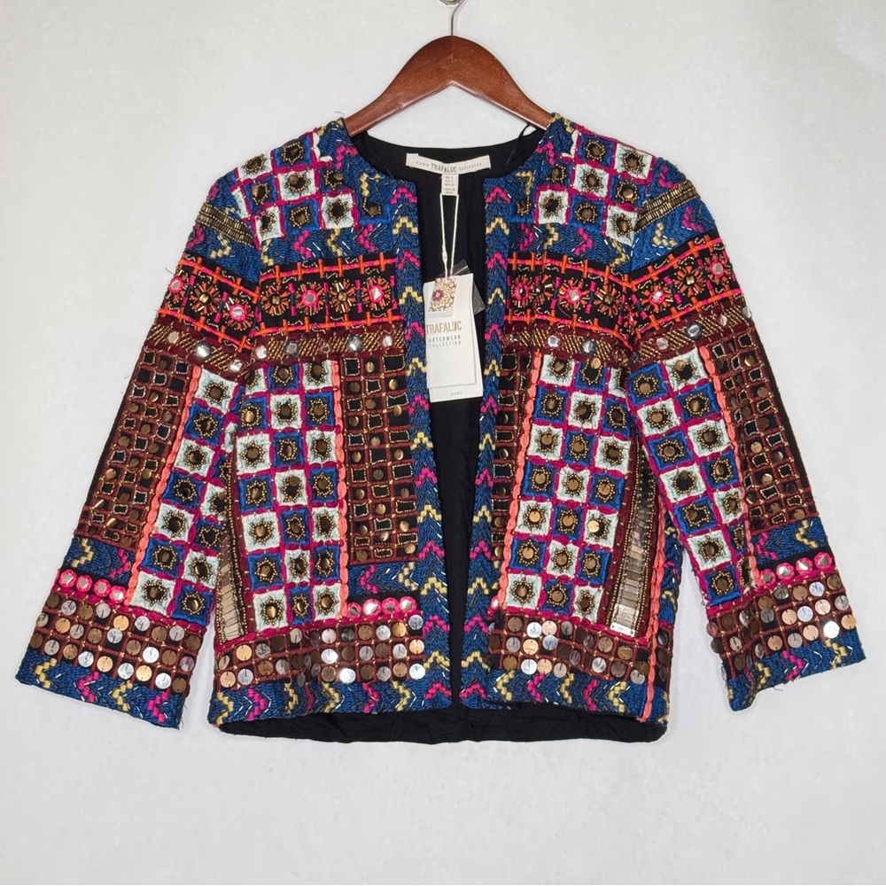 Zara Trafaluc Jacket Embroidered Hand Beaded Blazer Sequin Summer SZ Small